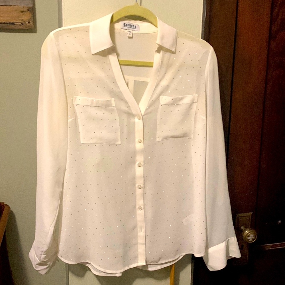 Sheer sequin button-up blouse.